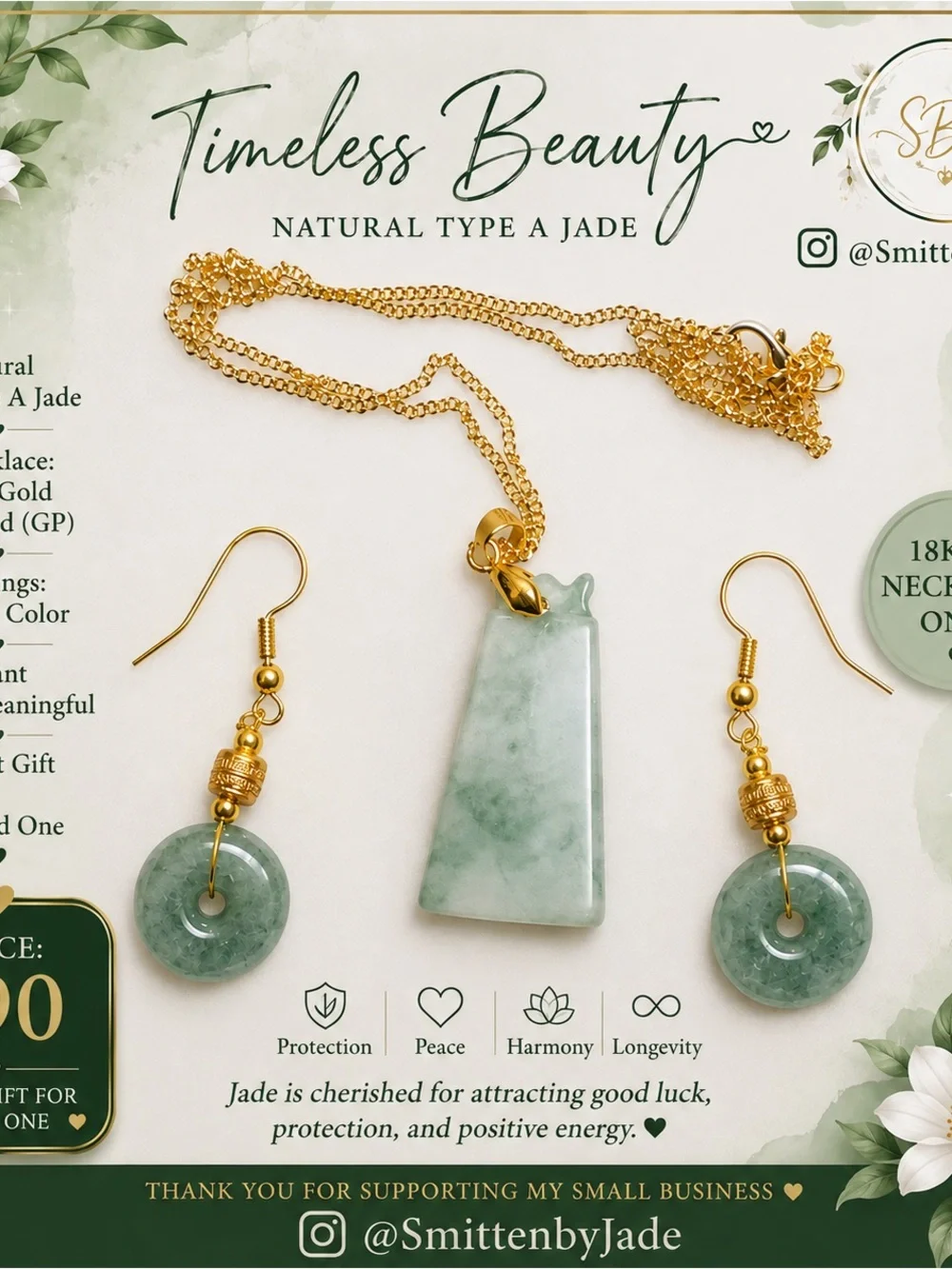 Gold-Accented Light Green Jade Pendant Necklace with Matching Earrings